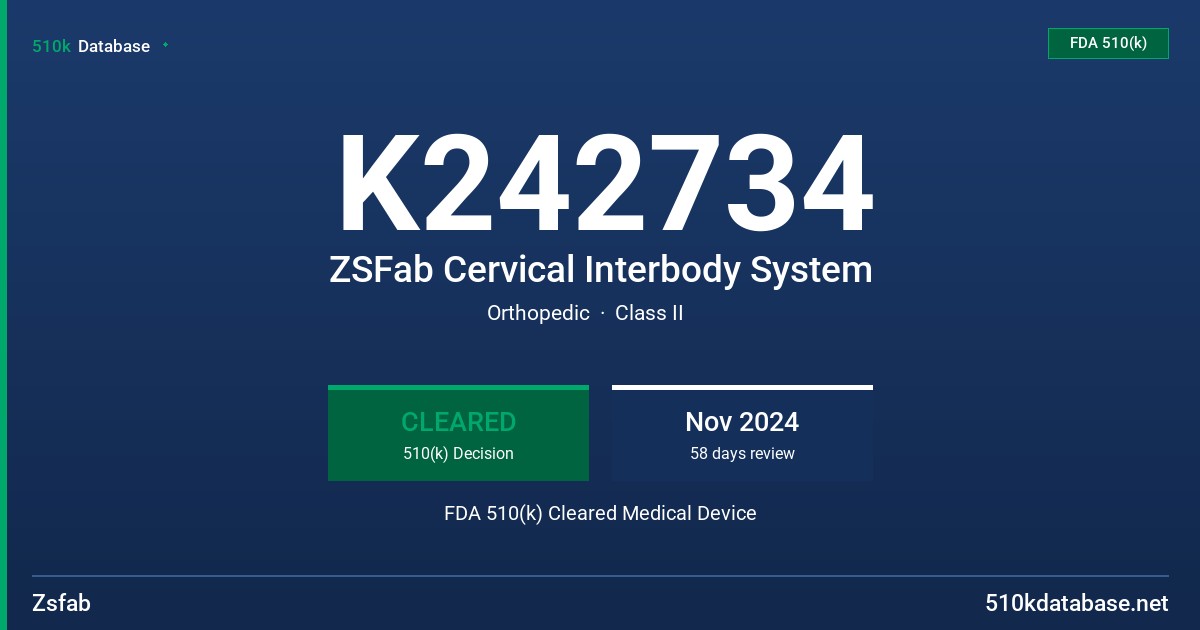 K242734 ZSFab Cervical Interbody System FDA 510(k) Cleared Medical Device