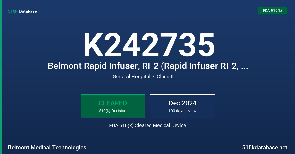 K242735 Belmont Rapid Infuser, RI-2 (Rapid Infuser RI-2, 1000 ml/min) FDA 510(k) Cleared Medical Device