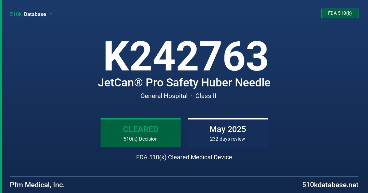K242763 JetCan® Pro Safety Huber Needle FDA 510(k) Cleared Medical Device