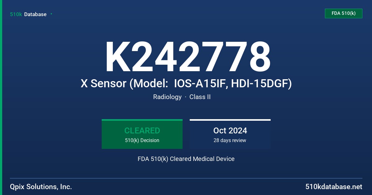 K242778 X Sensor (Model:  IOS-A15IF, HDI-15DGF) FDA 510(k) Cleared Medical Device