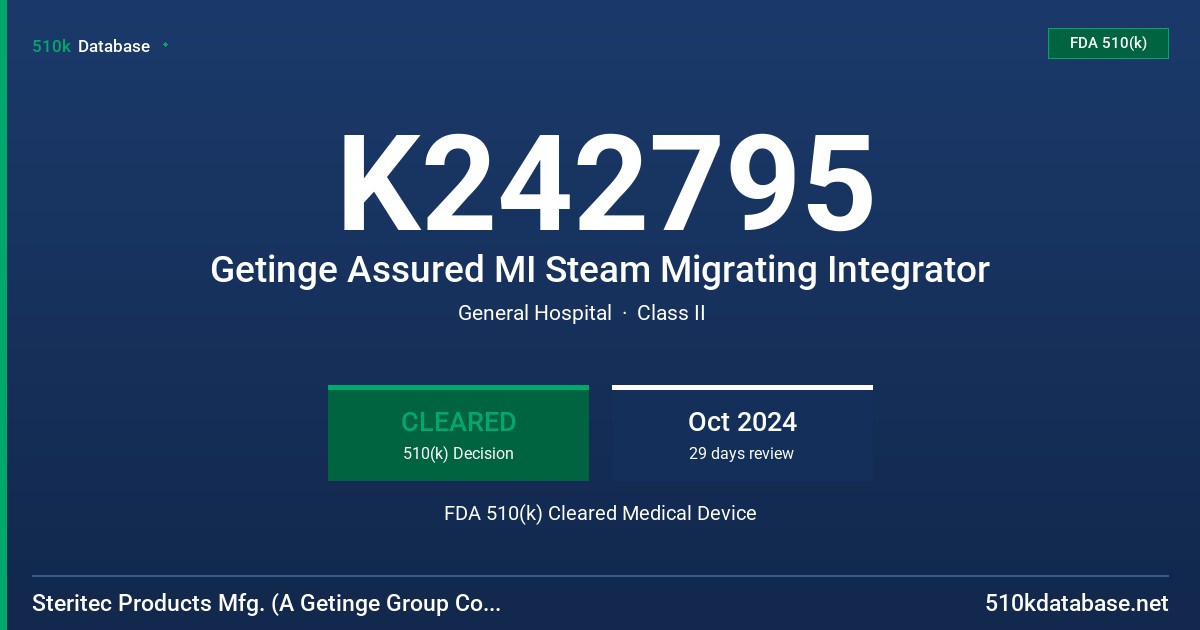 K242795 Getinge Assured MI Steam Migrating Integrator FDA 510(k) Cleared Medical Device