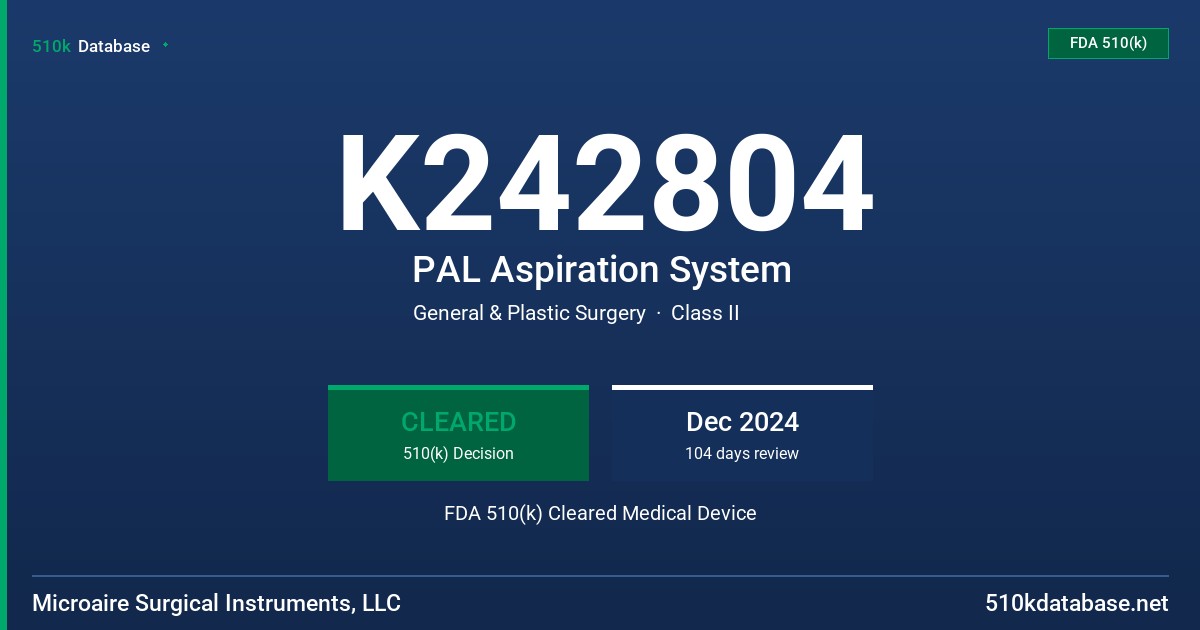 K242804 PAL Aspiration System FDA 510(k) Cleared Medical Device