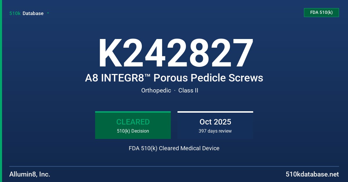K242827 A8 INTEGR8™ Porous Pedicle Screws FDA 510(k) Cleared Medical Device