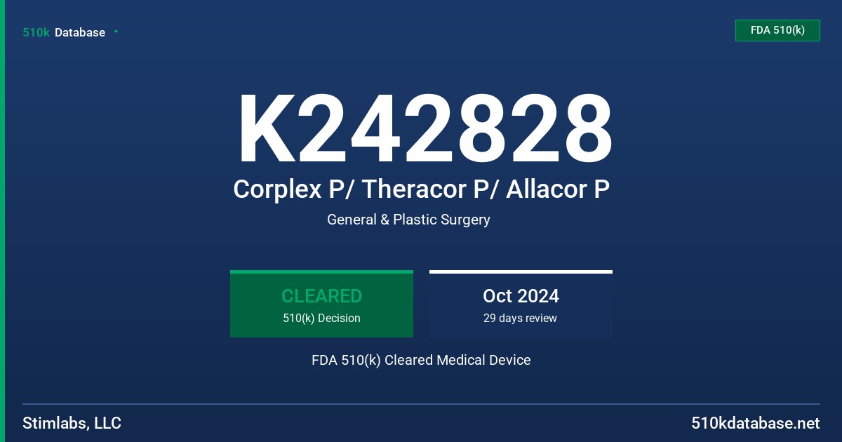 K242828 Corplex P/ Theracor P/ Allacor P FDA 510(k) Cleared Medical Device