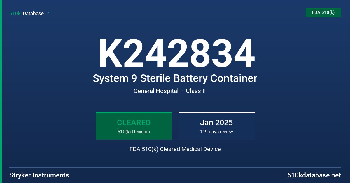 K242834 System 9 Sterile Battery Container FDA 510(k) Cleared Medical Device