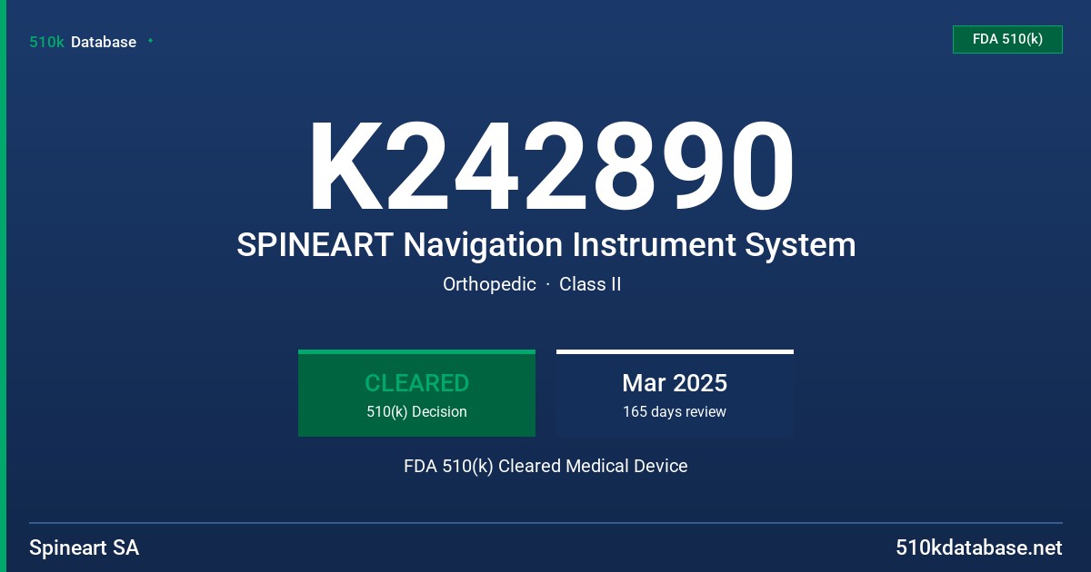 K242890 SPINEART Navigation Instrument System FDA 510(k) Cleared Medical Device