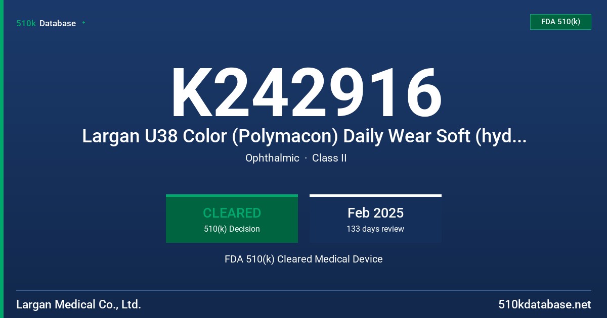 K242916 Largan U38 Color (Polymacon) Daily Wear Soft (hydrophilic) Contact Lens FDA 510(k) Cleared Medical Device