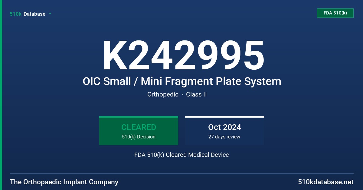 K242995 OIC Small / Mini Fragment Plate System FDA 510(k) Cleared Medical Device