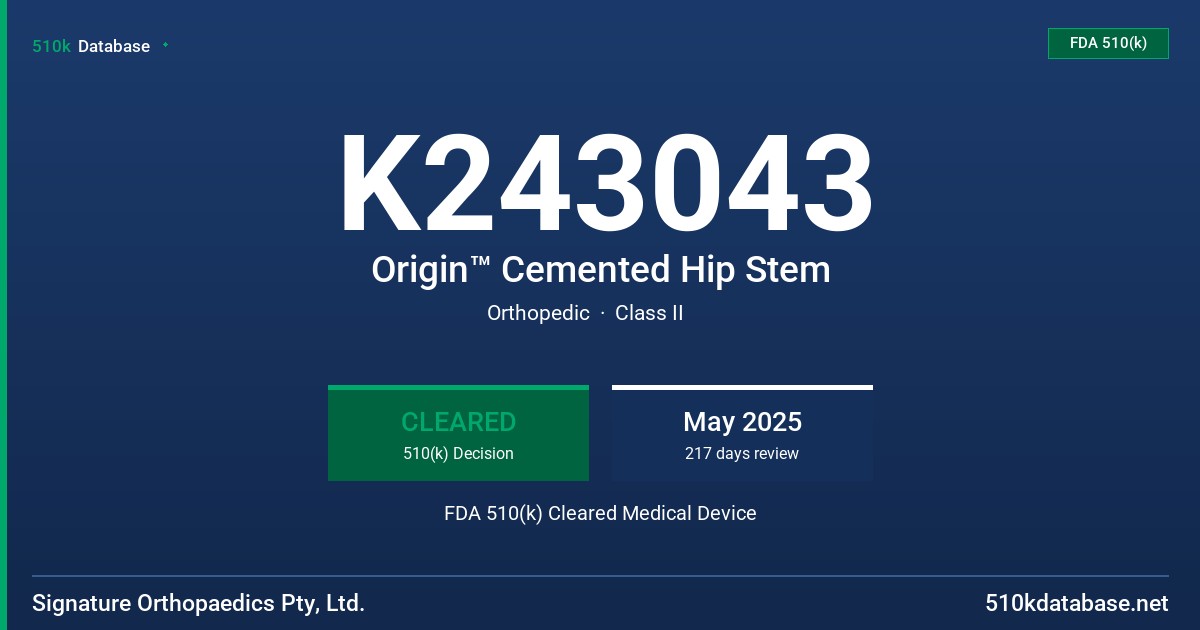 K243043 Origin™ Cemented Hip Stem FDA 510(k) Cleared Medical Device