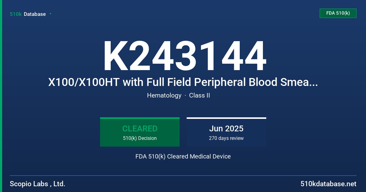K243144 X100/X100HT with Full Field Peripheral Blood Smear (PBS) Application FDA 510(k) Cleared Medical Device
