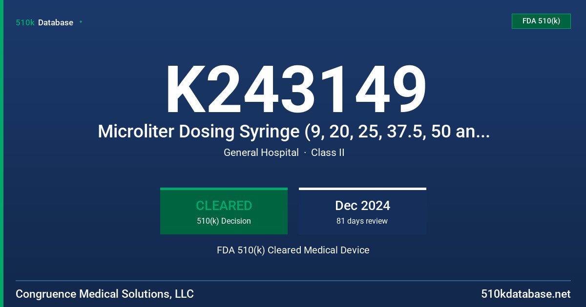 K243149 Microliter Dosing Syringe (9, 20, 25, 37.5, 50 and 100 microliter models) FDA 510(k) Cleared Medical Device