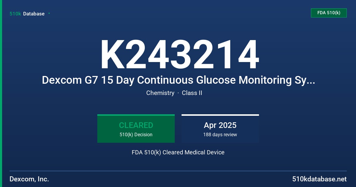 K243214 Dexcom G7 15 Day Continuous Glucose Monitoring System FDA 510(k) Cleared Medical Device