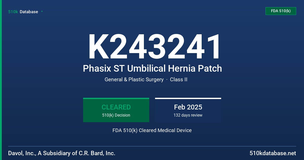 K243241 Phasix ST Umbilical Hernia Patch FDA 510(k) Cleared Medical Device