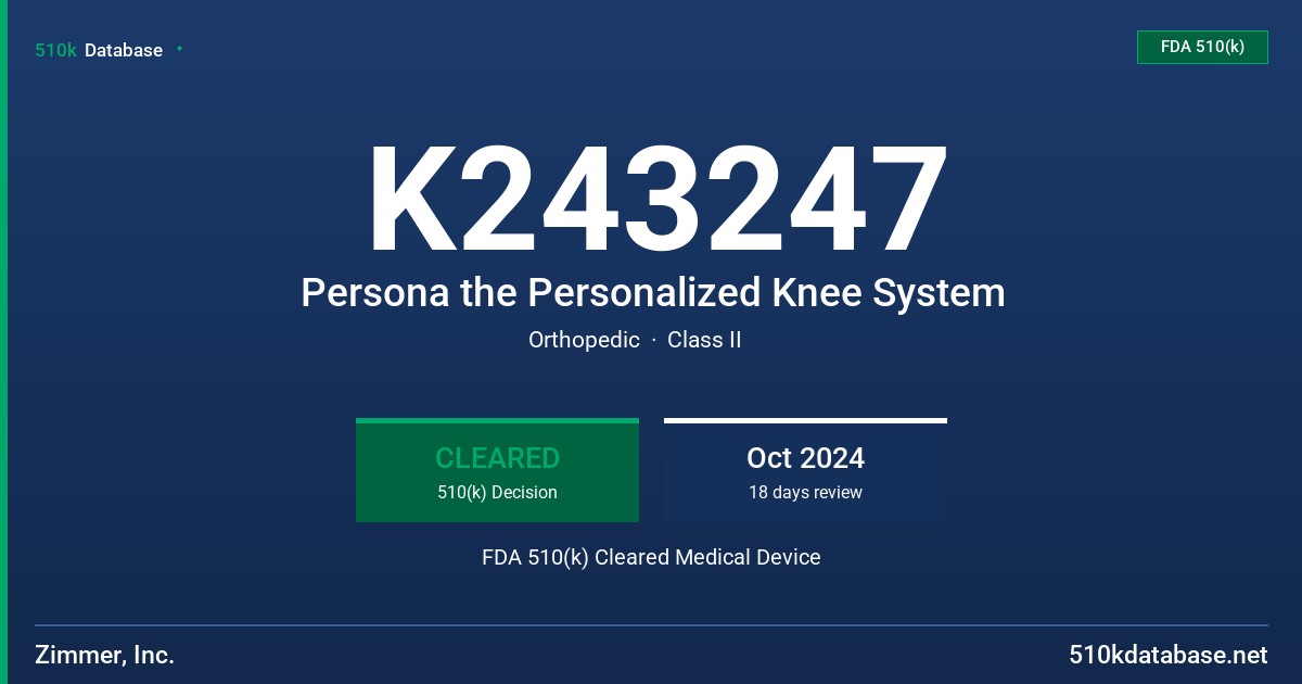 K243247 Persona the Personalized Knee System FDA 510(k) Cleared Medical Device