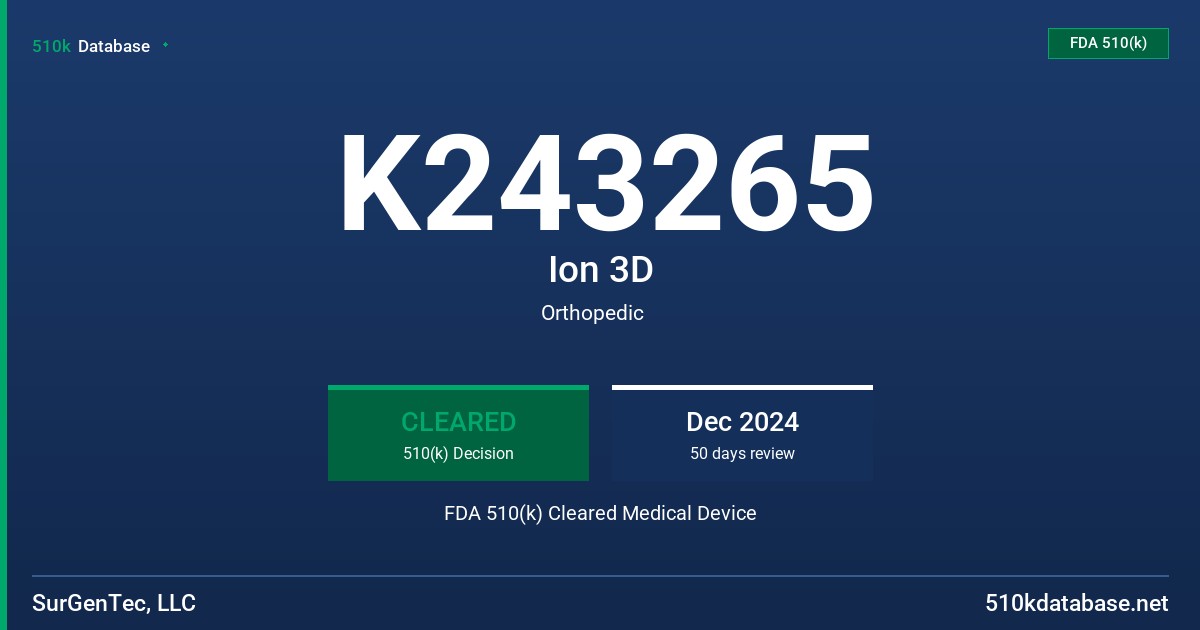 K243265 Ion 3D FDA 510(k) Cleared Medical Device
