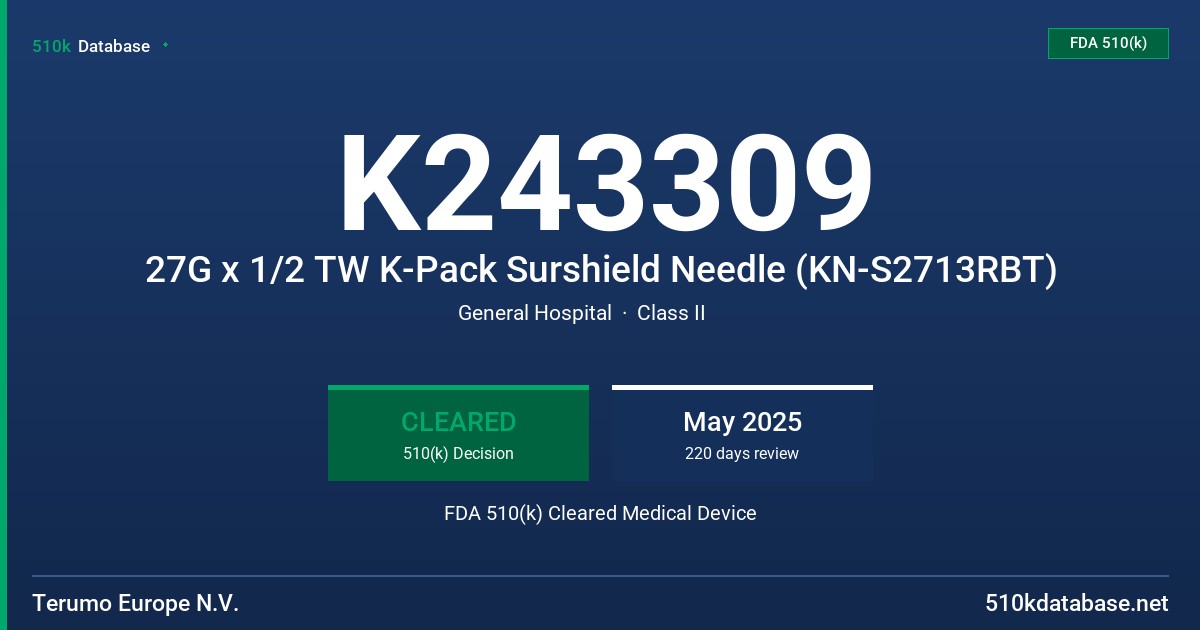 K243309 27G x 1/2 TW K-Pack Surshield Needle (KN-S2713RBT) FDA 510(k) Cleared Medical Device