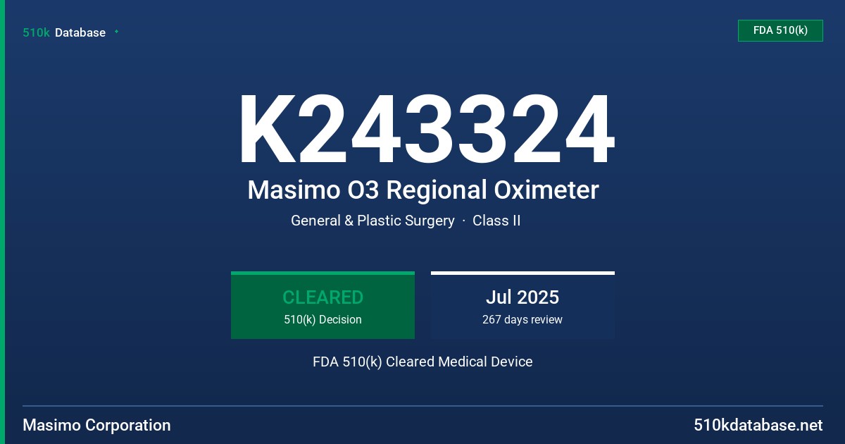 K243324 Masimo O3 Regional Oximeter FDA 510(k) Cleared Medical Device
