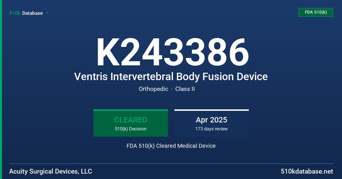 K243386 Ventris Intervertebral Body Fusion Device FDA 510(k) Cleared Medical Device