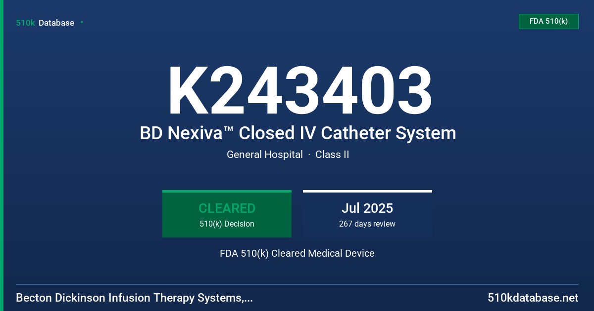 K243403 BD Nexiva™ Closed IV Catheter System FDA 510(k) Cleared Medical Device