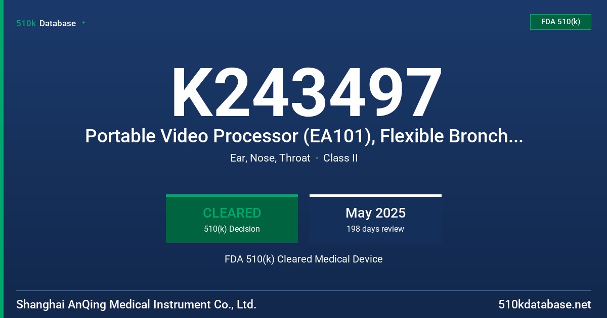 K243497 Portable Video Processor (EA101), Flexible Bronchoscope BS41H-12EU, BS41H-12US, BS46H-17EU, BS50H-20EU, BS46H-17US, BS50H-20US, BS53H-22EU, BS53H-22US, BS55H-24EU, BS55H-24US, BS59H-28EU, BS59H-28US FDA 510(k) Cleared Medical Device