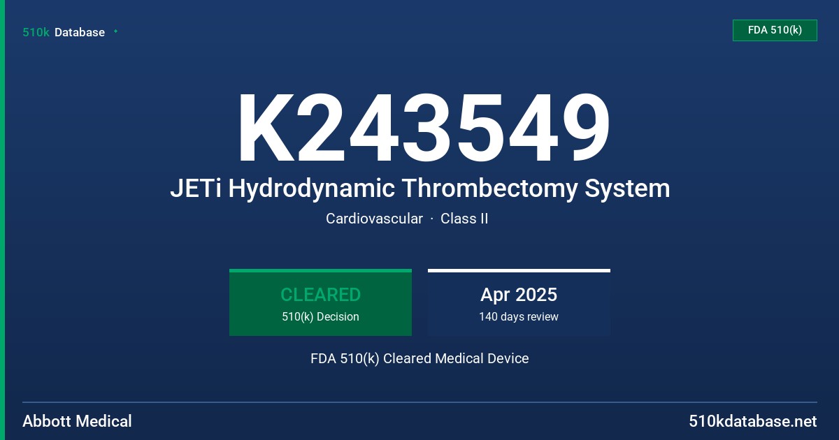 K243549 JETi Hydrodynamic Thrombectomy System FDA 510(k) Cleared Medical Device