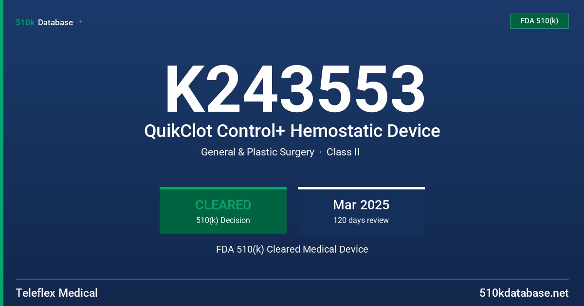 K243553 QuikClot Control+ Hemostatic Device FDA 510(k) Cleared Medical Device