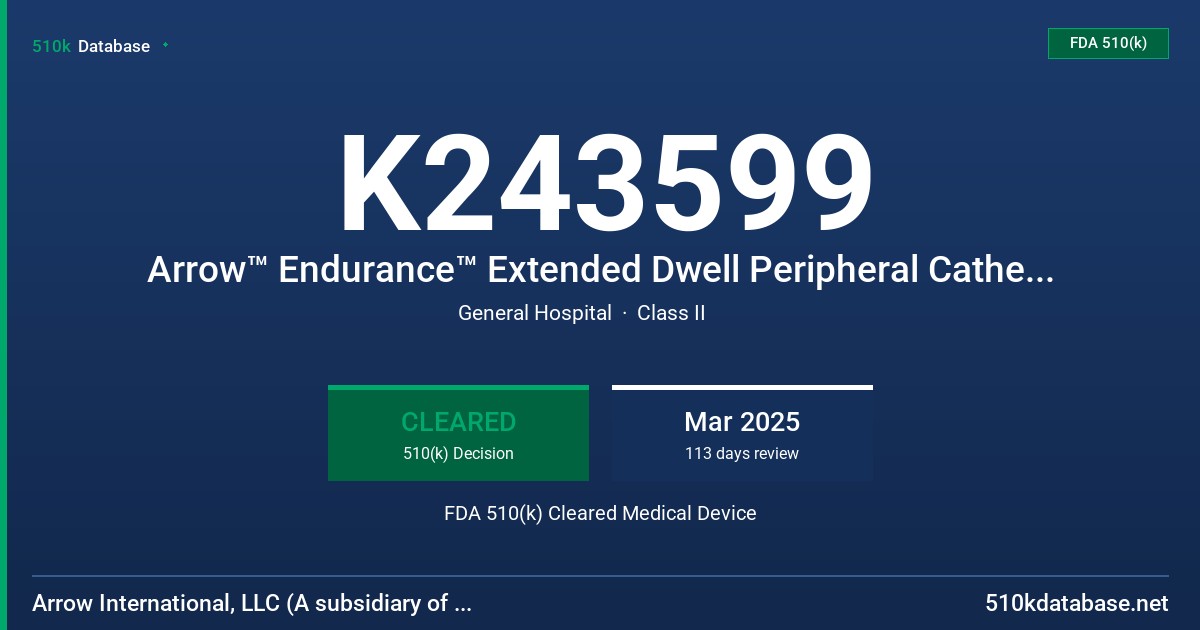 K243599 Arrow™ Endurance™ Extended Dwell Peripheral Catheter System (EDC-00818) FDA 510(k) Cleared Medical Device
