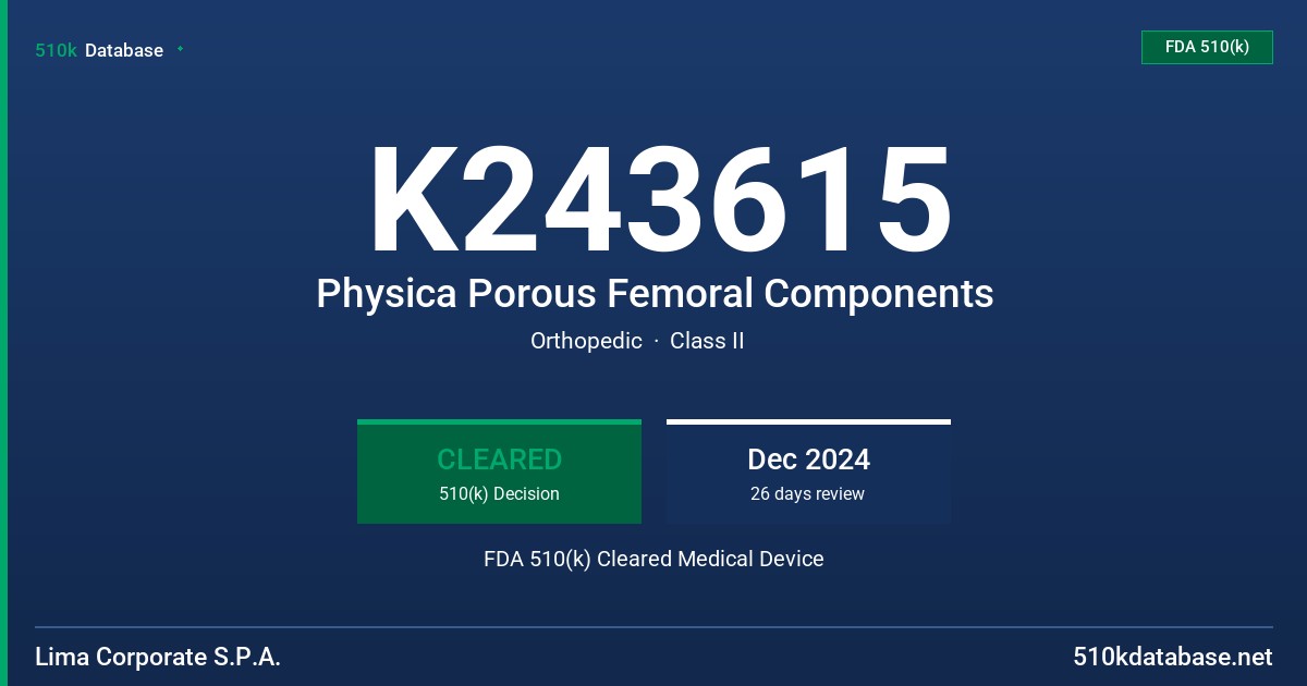 K243615 Physica Porous Femoral Components FDA 510(k) Cleared Medical Device