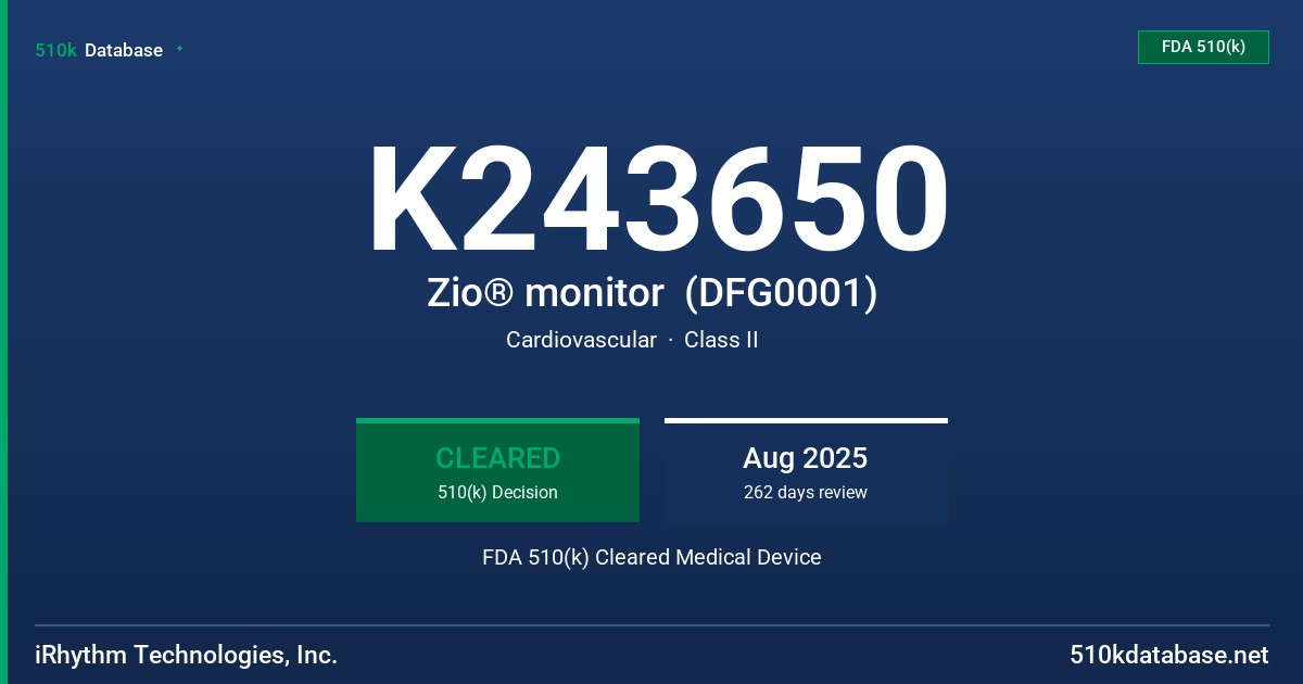 K243650 Zio® monitor  (DFG0001) FDA 510(k) Cleared Medical Device