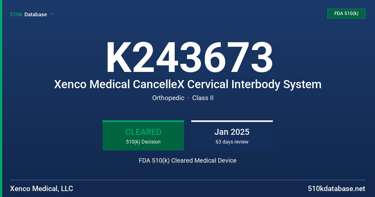 K243673 Xenco Medical CancelleX Cervical Interbody System FDA 510(k) Cleared Medical Device