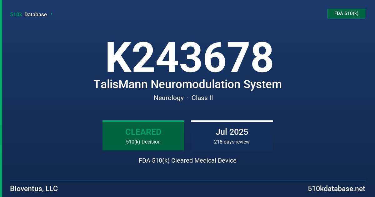 K243678 TalisMann Neuromodulation System FDA 510(k) Cleared Medical Device