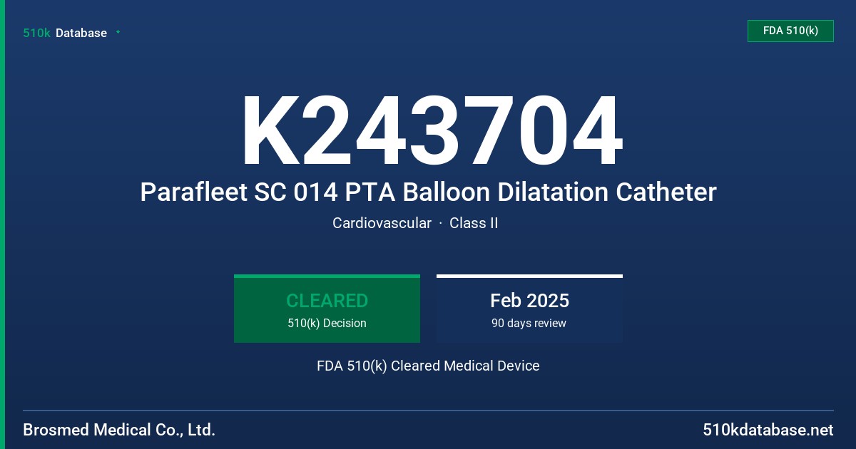 K243704 Parafleet SC 014 PTA Balloon Dilatation Catheter FDA 510(k) Cleared Medical Device