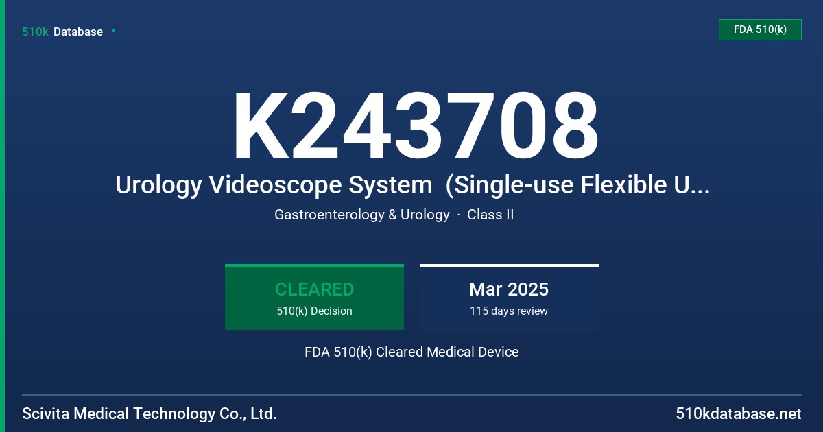 K243708 Urology Videoscope System  (Single-use Flexible Ureteroscope:  SUV-1A-B, SUV-1A-P, SUV-2A-B, SUV-2A-P, SUV-2B-B, SUB-2B-P, SUV-2C-B, SUV-2C-P FDA 510(k) Cleared Medical Device