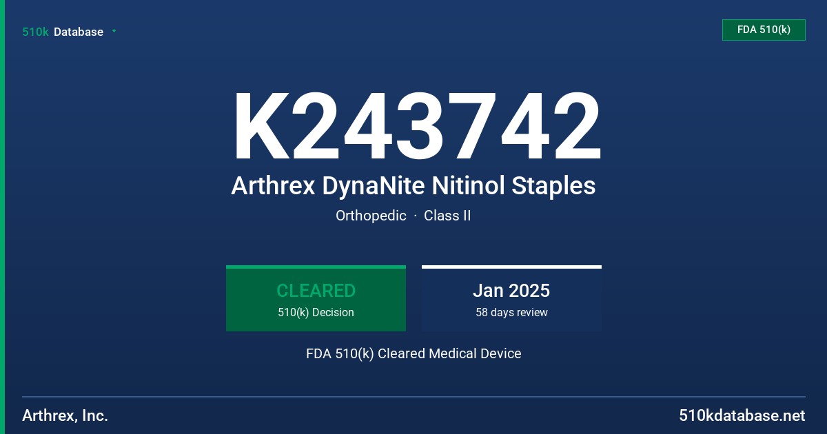 K243742 Arthrex DynaNite Nitinol Staples FDA 510(k) Cleared Medical Device