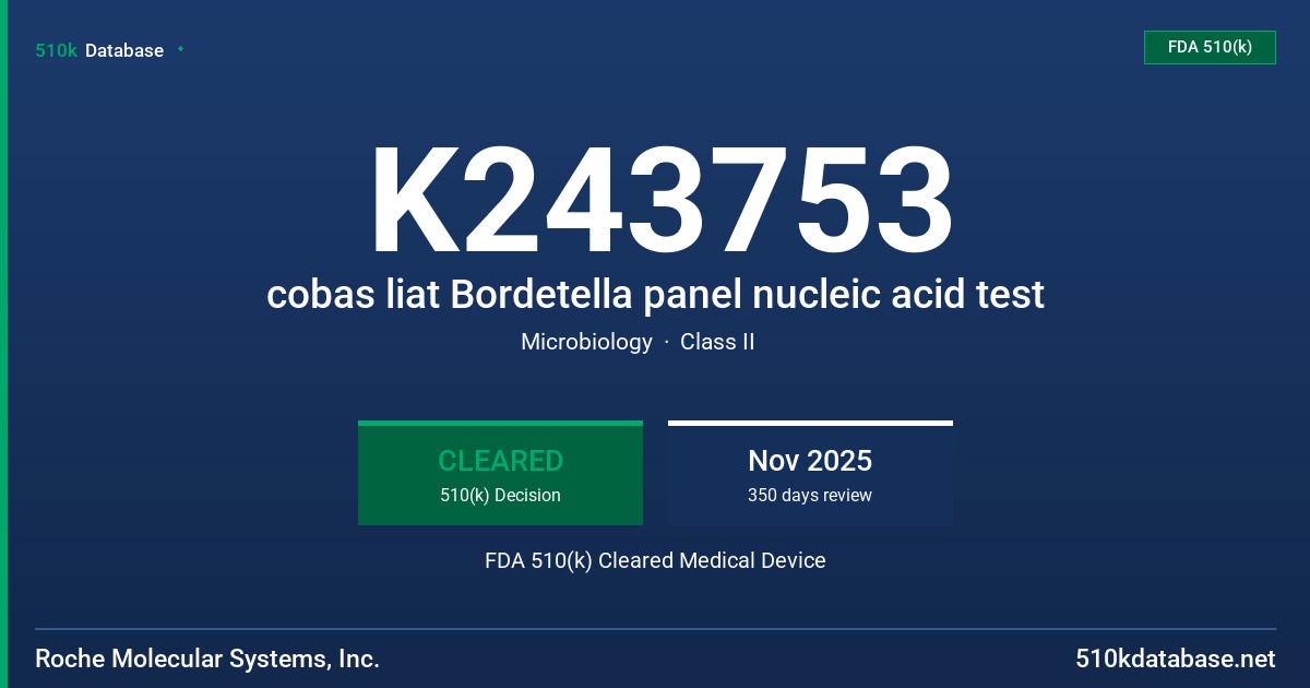 K243753 cobas liat Bordetella panel nucleic acid test FDA 510(k) Cleared Medical Device