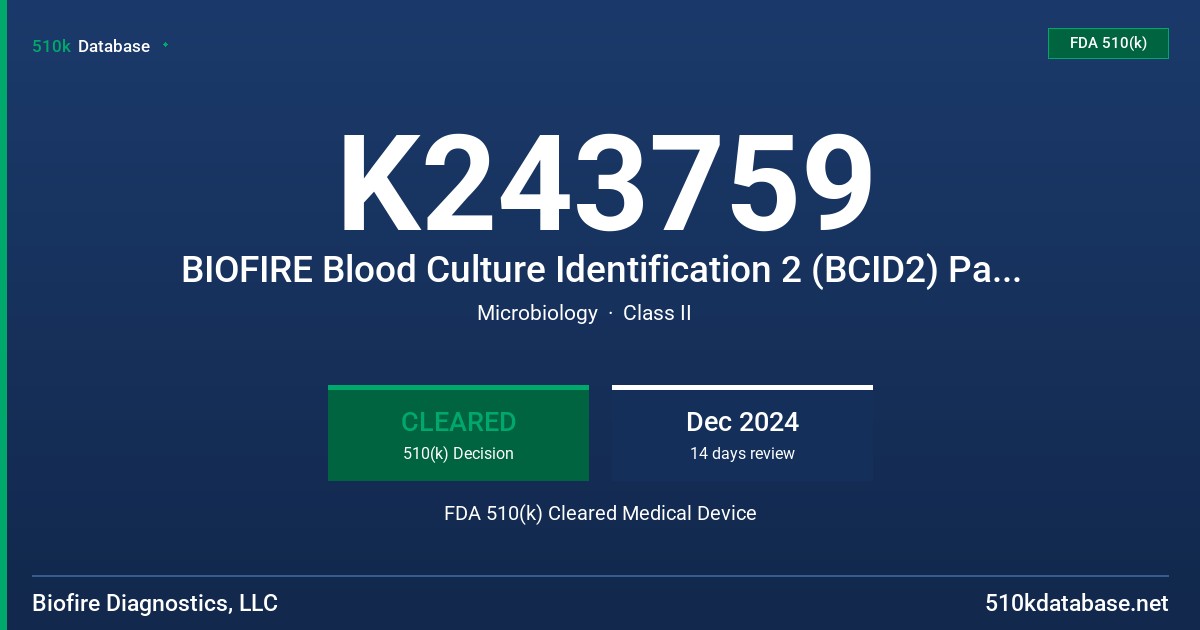 K243759 BIOFIRE Blood Culture Identification 2 (BCID2) Panel (RFIT-ASY-0147 (30 pack) RFIT-ASY-0148 (6 pack)) FDA 510(k) Cleared Medical Device