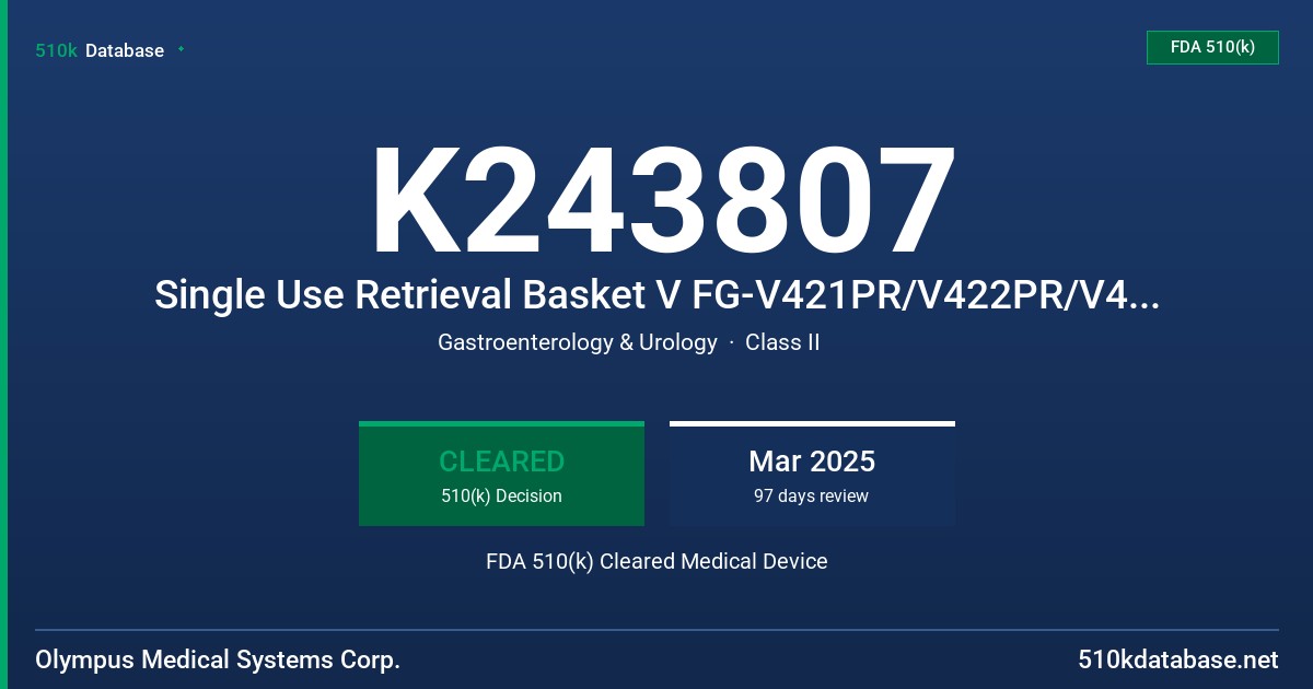 K243807 Single Use Retrieval Basket V FG-V421PR/V422PR/V431P/V432P FDA 510(k) Cleared Medical Device