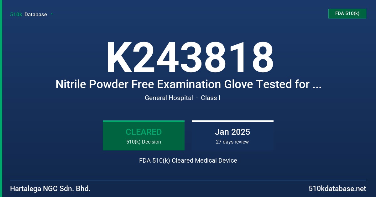 K243818 Nitrile Powder Free Examination Glove Tested for Use with Chemotherapy Drugs and Fentanyl Citrate (Blue) FDA 510(k) Cleared Medical Device