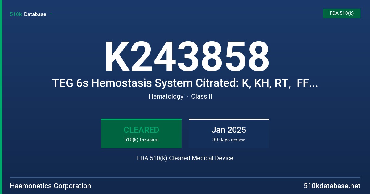 K243858 TEG 6s Hemostasis System Citrated: K, KH, RT,  FF Assay Cartridge FDA 510(k) Cleared Medical Device