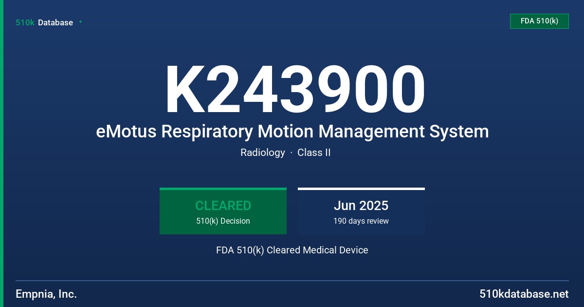 K243900 eMotus Respiratory Motion Management System FDA 510(k) Cleared Medical Device
