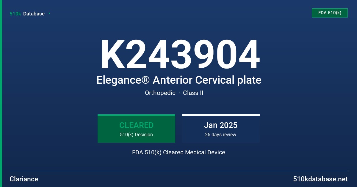 K243904 Elegance® Anterior Cervical plate FDA 510(k) Cleared Medical Device