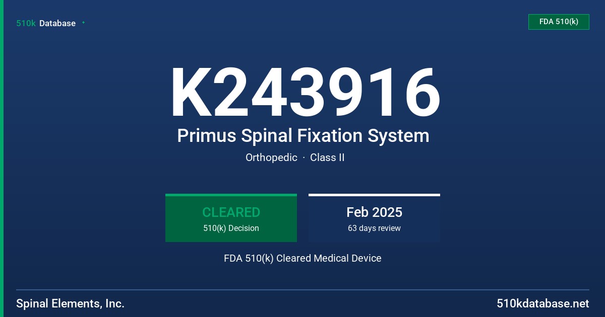 K243916 Primus Spinal Fixation System FDA 510(k) Cleared Medical Device