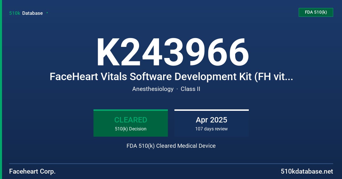 K243966 FaceHeart Vitals Software Development Kit (FH vitals SDK-RR) FDA 510(k) Cleared Medical Device