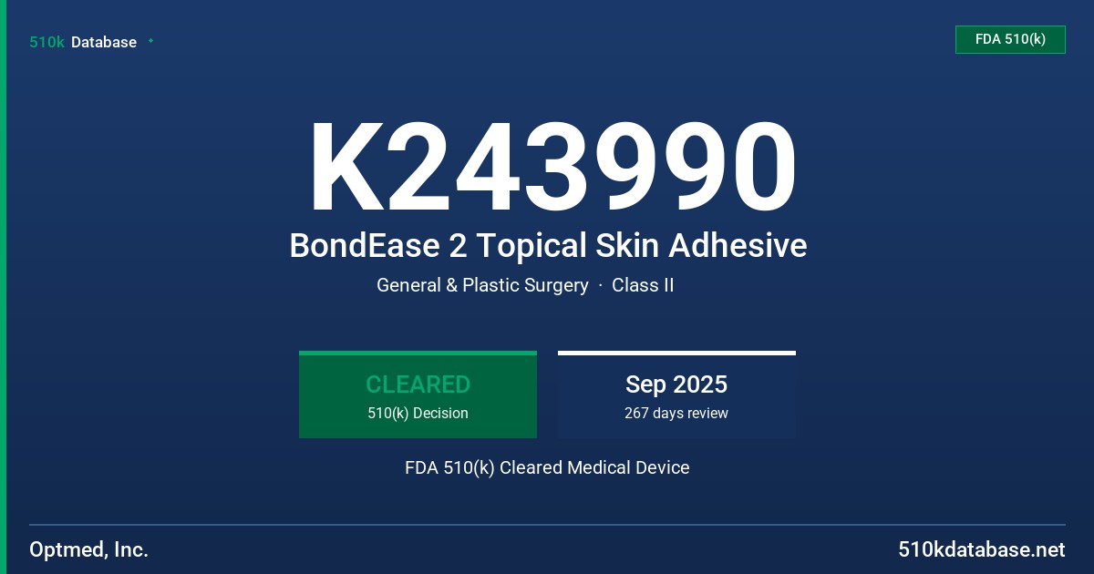 K243990 BondEase 2 Topical Skin Adhesive FDA 510(k) Cleared Medical Device