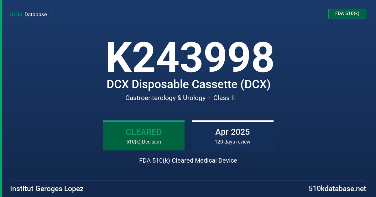 K243998 DCX Disposable Cassette (DCX) FDA 510(k) Cleared Medical Device