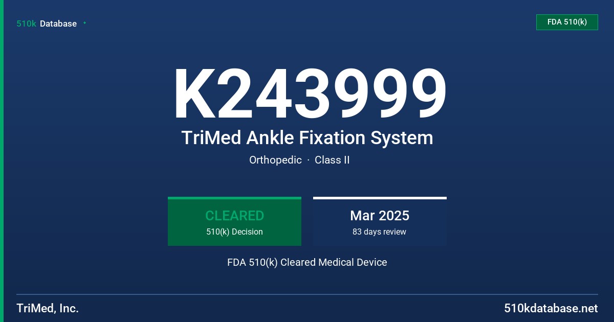 K243999 TriMed Ankle Fixation System FDA 510(k) Cleared Medical Device