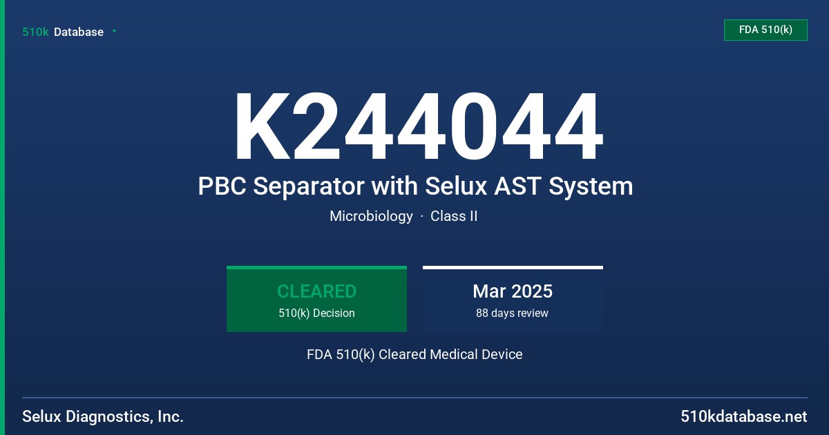 K244044 PBC Separator with Selux AST System FDA 510(k) Cleared Medical Device