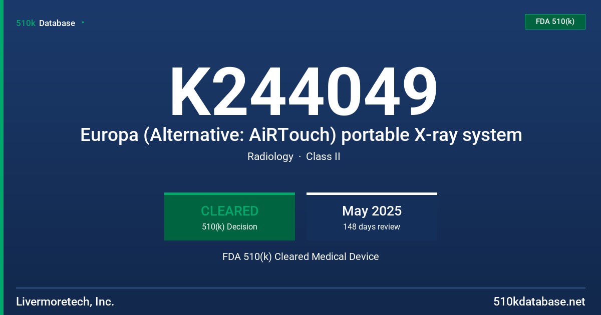 K244049 Europa (Alternative: AiRTouch) portable X-ray system FDA 510(k) Cleared Medical Device