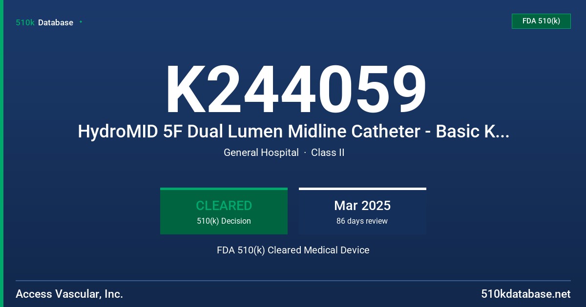 K244059 HydroMID 5F Dual Lumen Midline Catheter - Basic Kit (70006102) FDA 510(k) Cleared Medical Device
