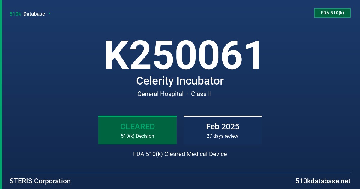 K250061 Celerity Incubator FDA 510(k) Cleared Medical Device